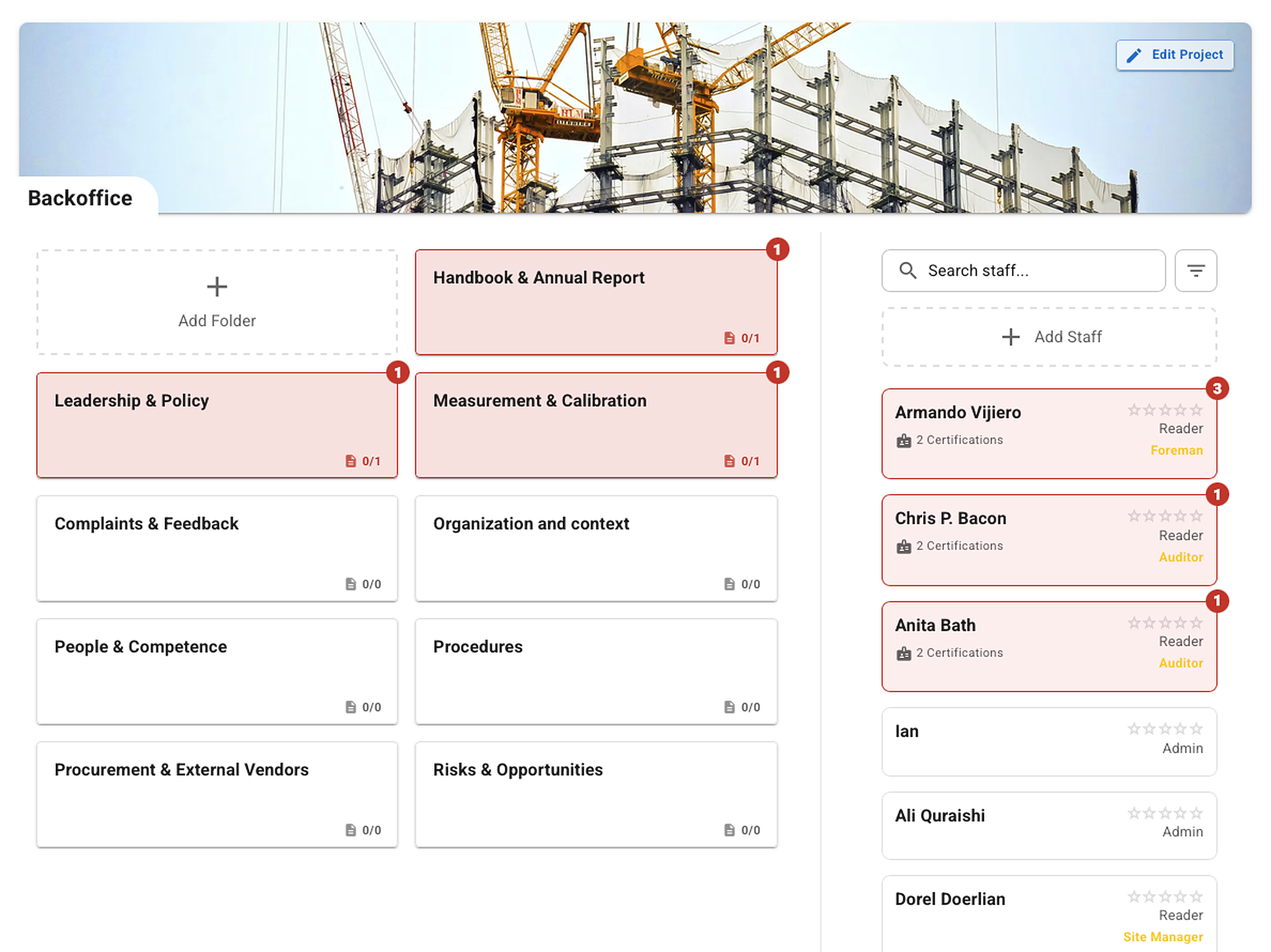 YellowDocs Project Page — folder hierarchies, notifications, and staff rosters